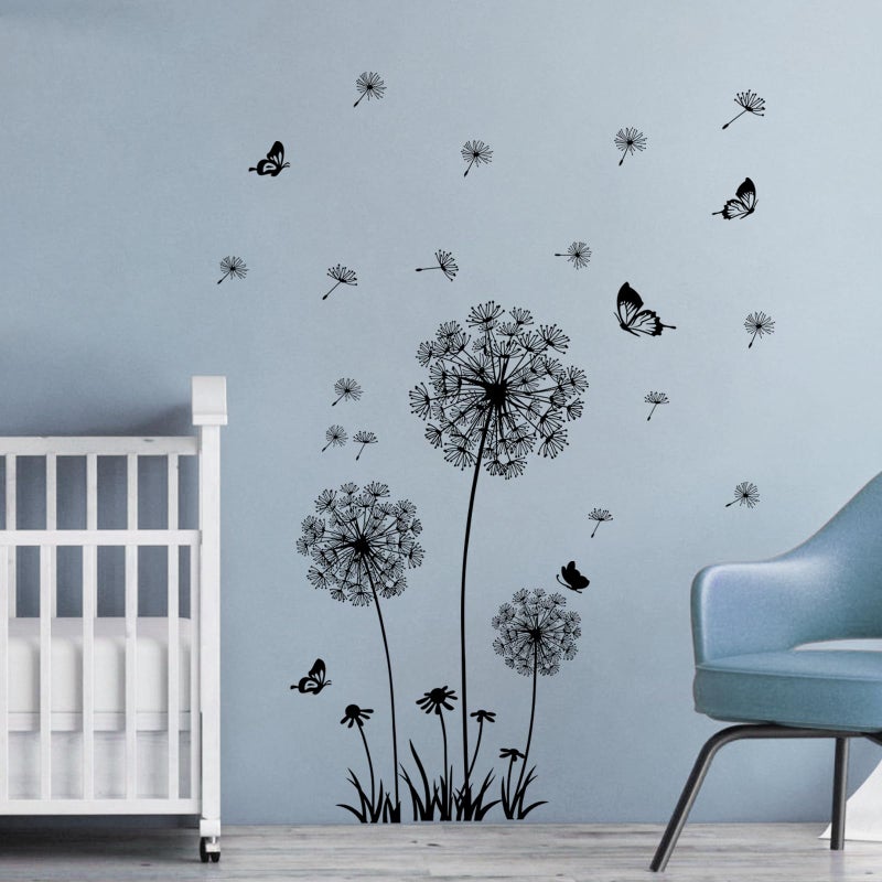 Supzone 2 Sheets Dandelion Wildflower Wall Decals Art, Wall Art Stickers Peel and Stick Floral Butterflies Flying Decor for Girls Kids Women Baby Nursery Living Room Bedroom Bathroom Hallway Stairwell(Black) - Image 2
